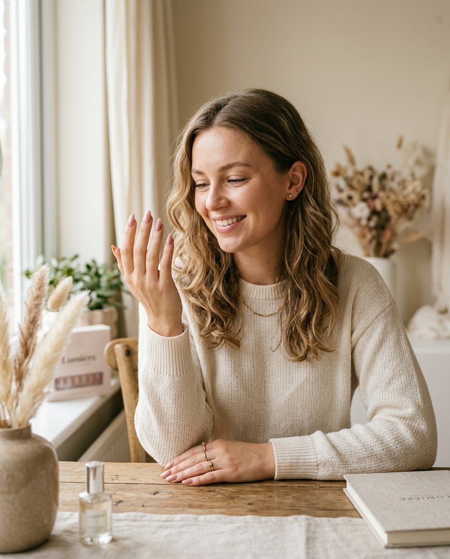 Woman admiring her self-made press-on nails